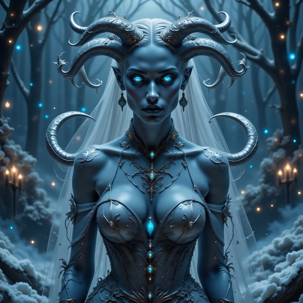 Icy Blue Female Figure with Rams Horns