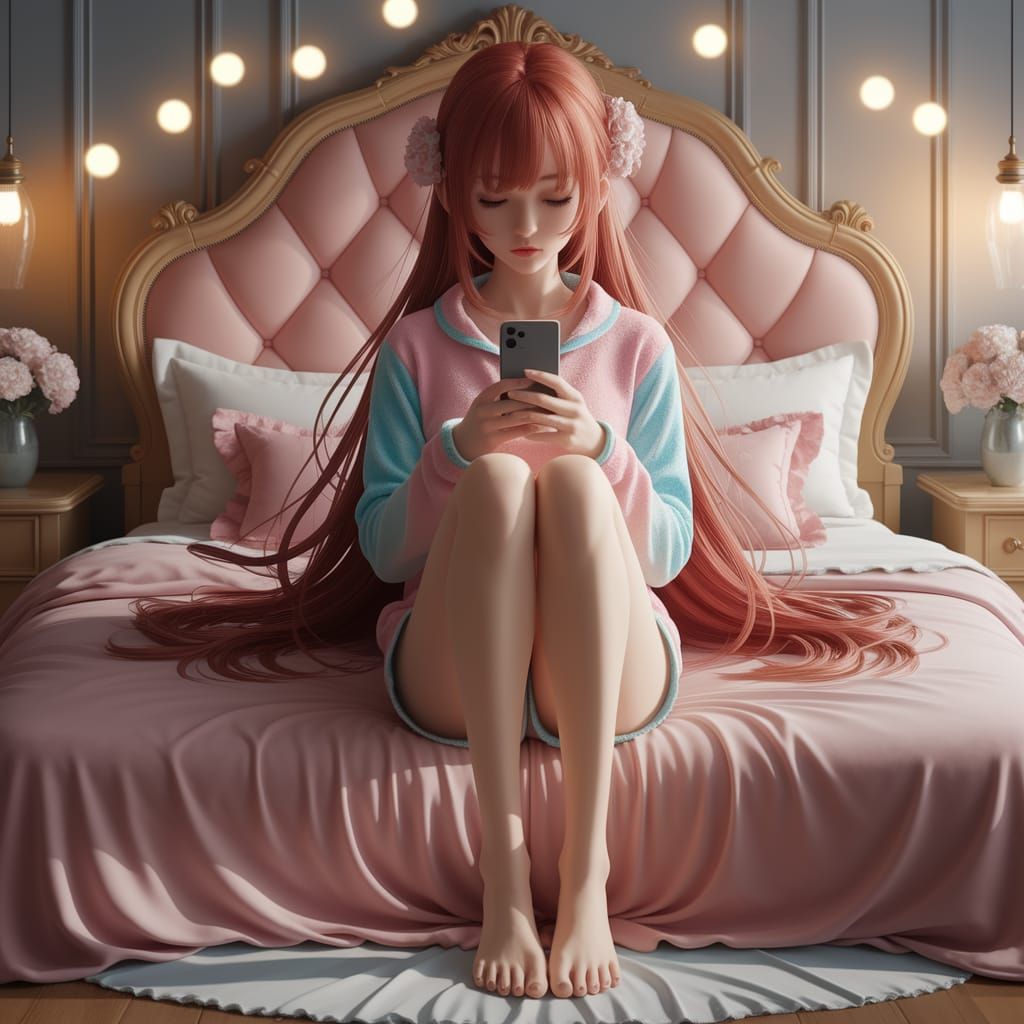 Japanese Woman in Cozy Bedroom: Digital Art