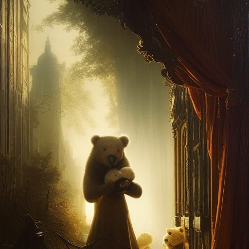 Haunted Teddy Bear in Asylum, Surreal Horror Art