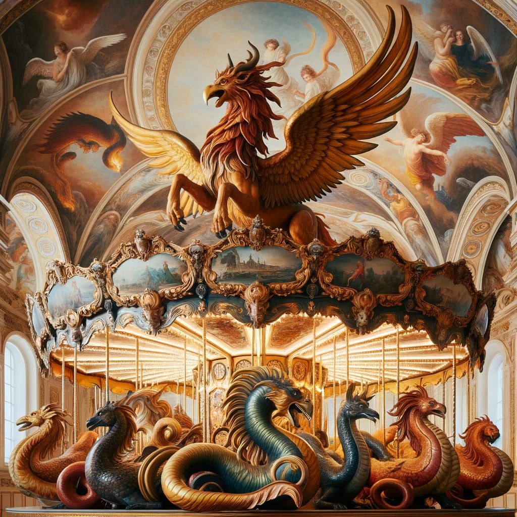 Mythical Creature Carousel in Renaissance Fresco Style