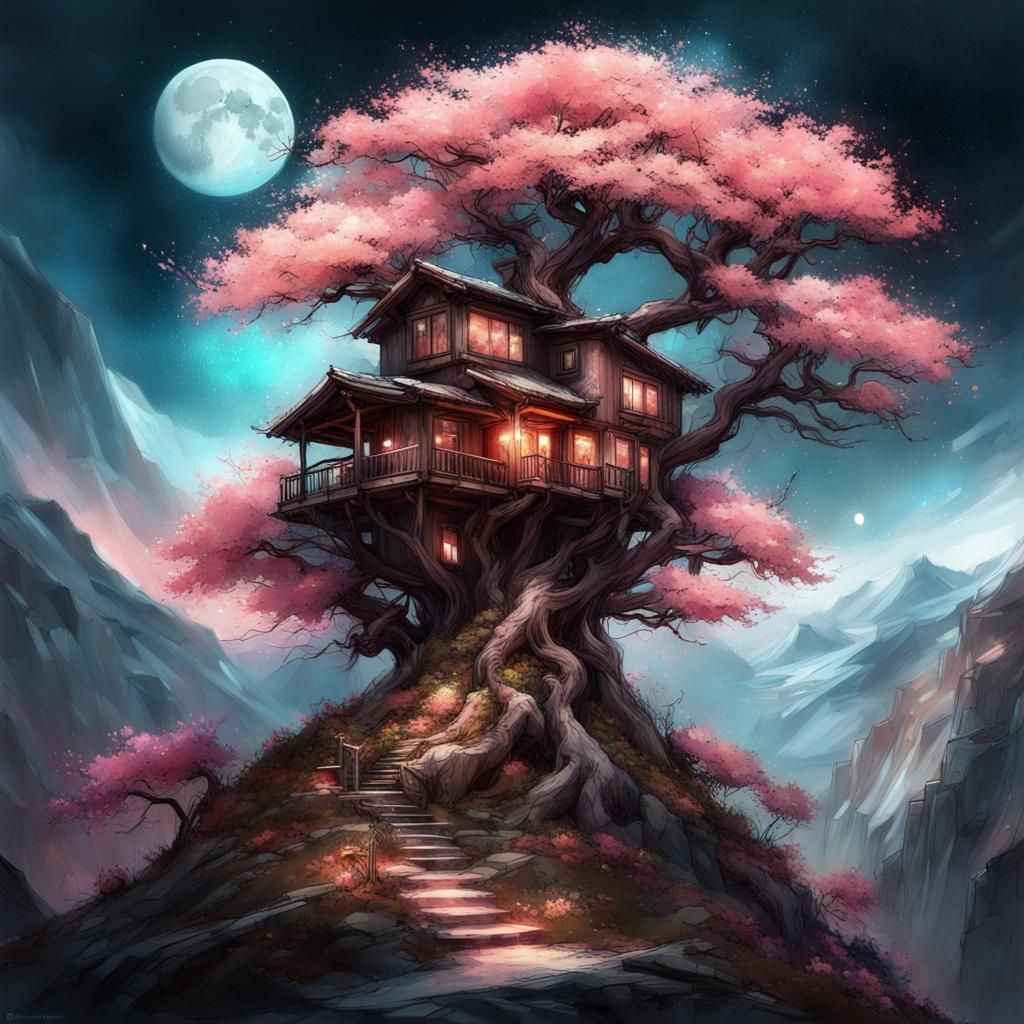Mountain Sakura Treehouse in Colorful Realism Style