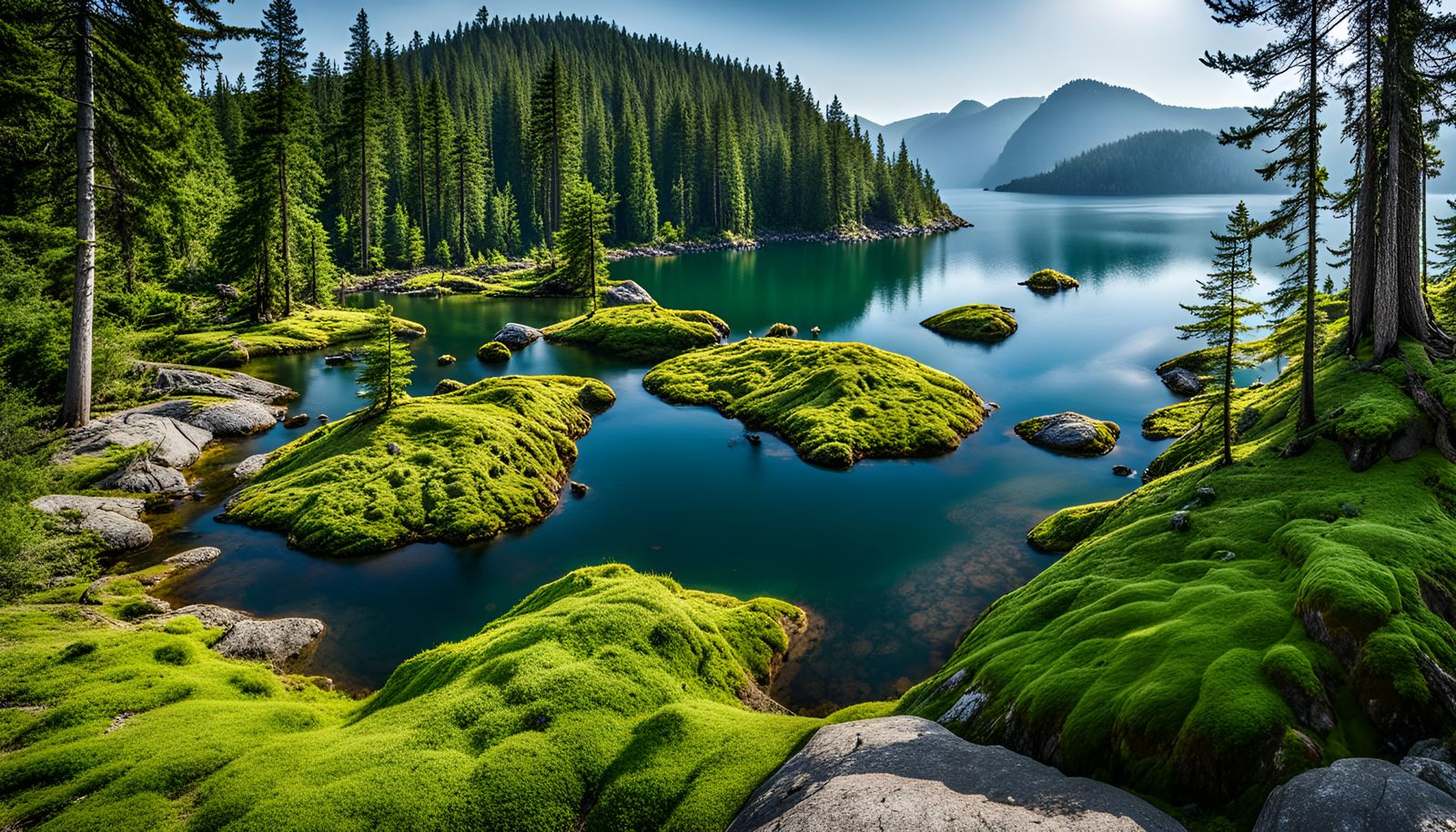Lush Forest Island in Mountain Lake