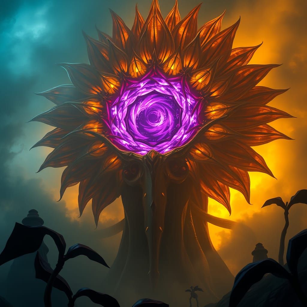 Dark Fantasy Sunflower Deity in Art Nouveau Style