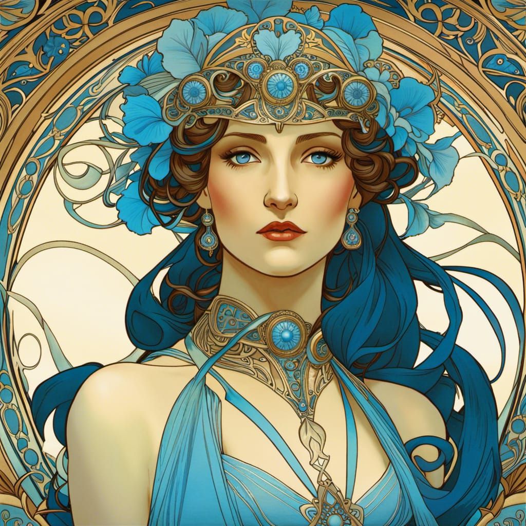 Elegant Blue-Themed Woman in Art Nouveau Style