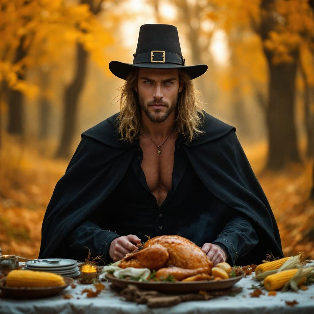 Handsome Pilgrim with Turkey in Gloomy Forest