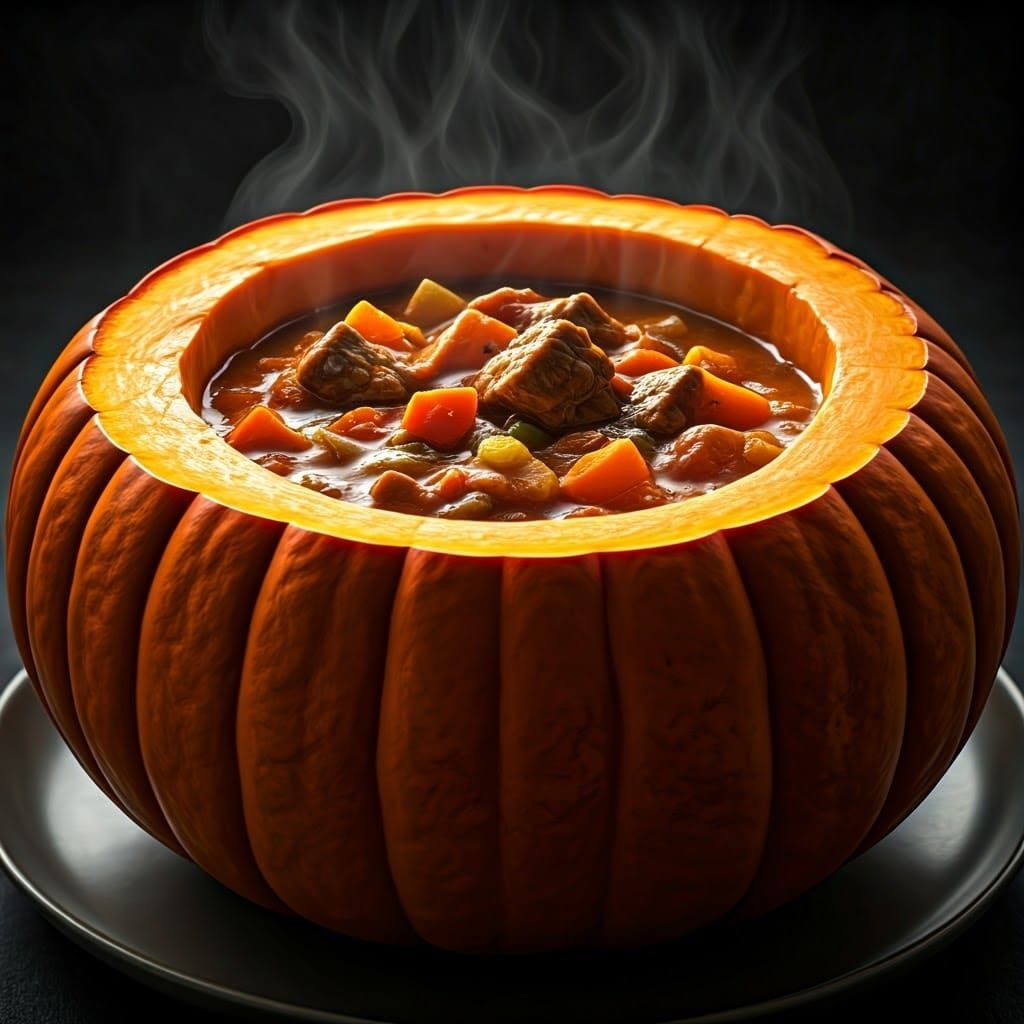 Stew Inside Pumpkin in Hyperrealistic Photorealism