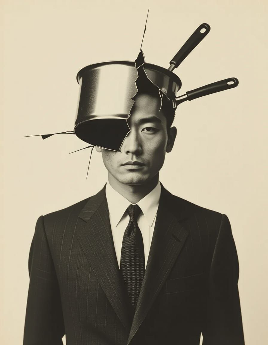 Surreal Man with Broken Saucepan Photograph
