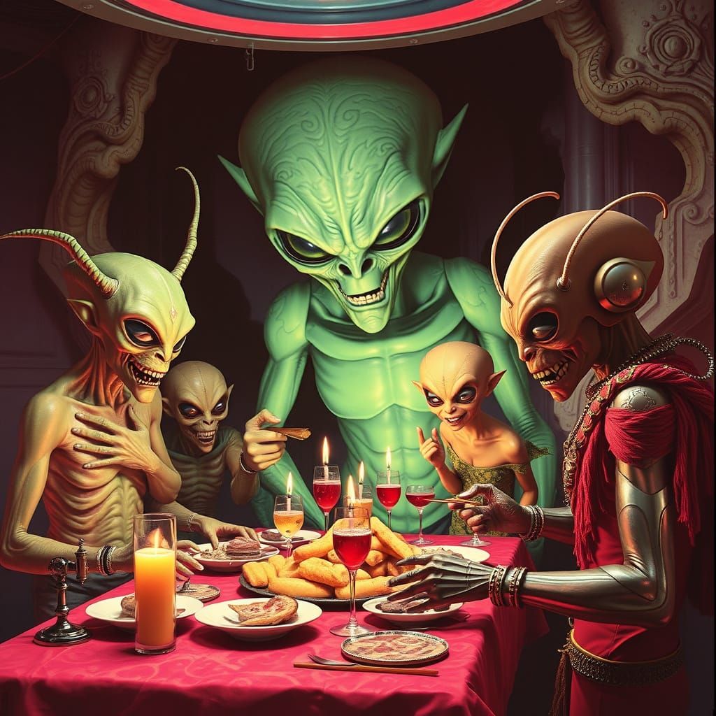 Glowing Retro-Futuristic Alien Celebration