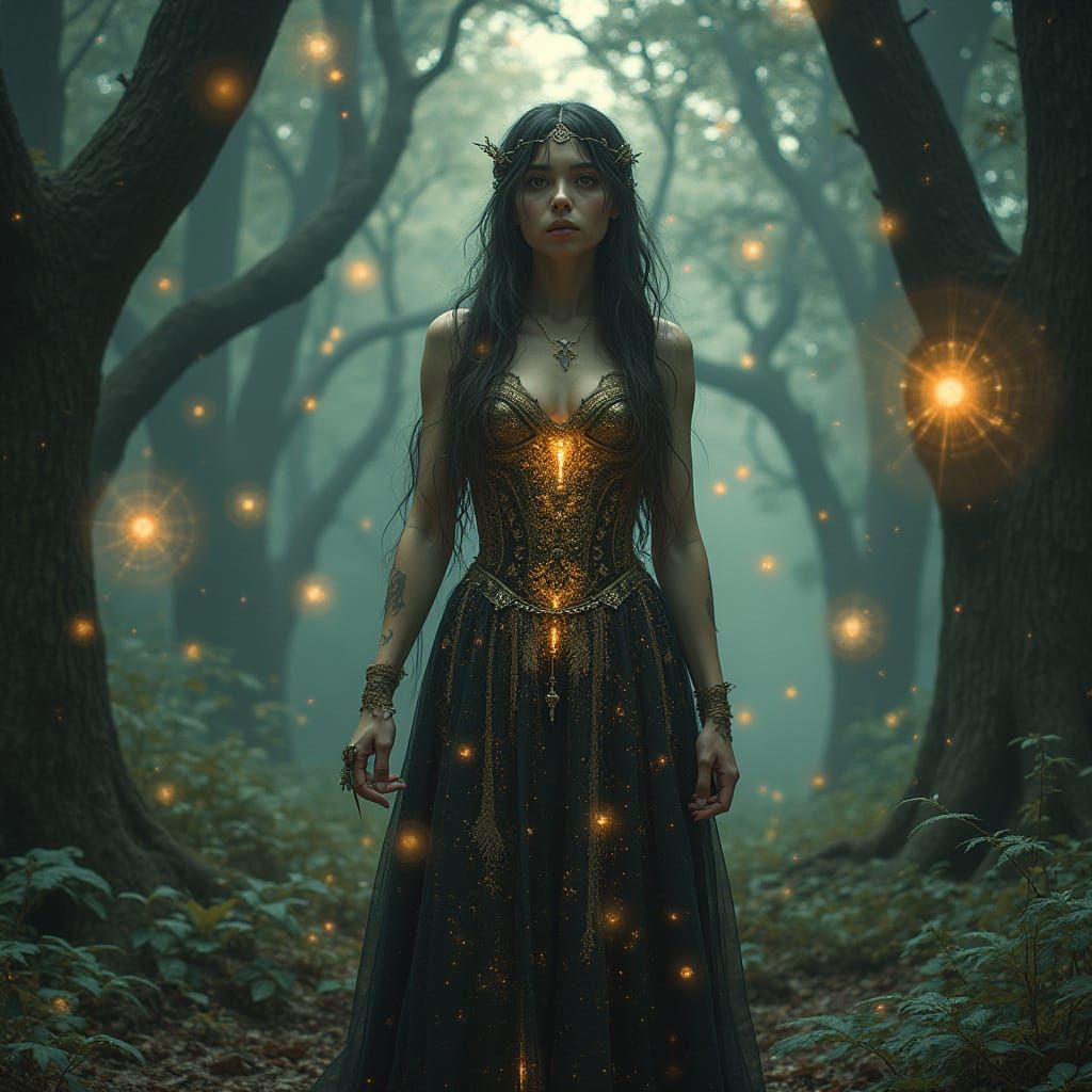 Enchantress in Ethereal Grove: A Digital Art Nouveau Fusion