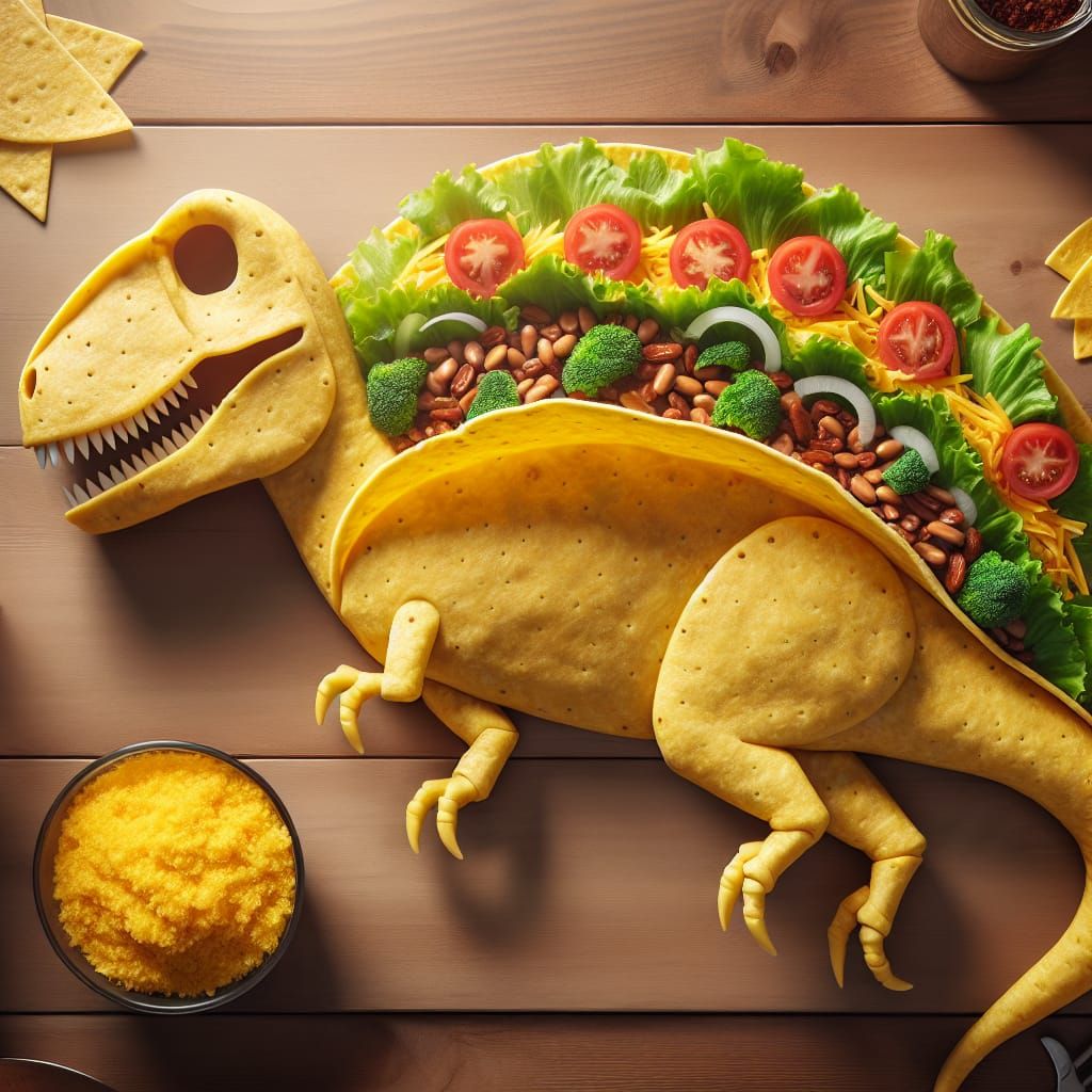 Spinosaurus Taco Food Sculpture on Wooden Table