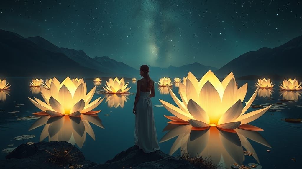 Woman by Luminous Lotus Lake: Hyperrealistic Night Scene