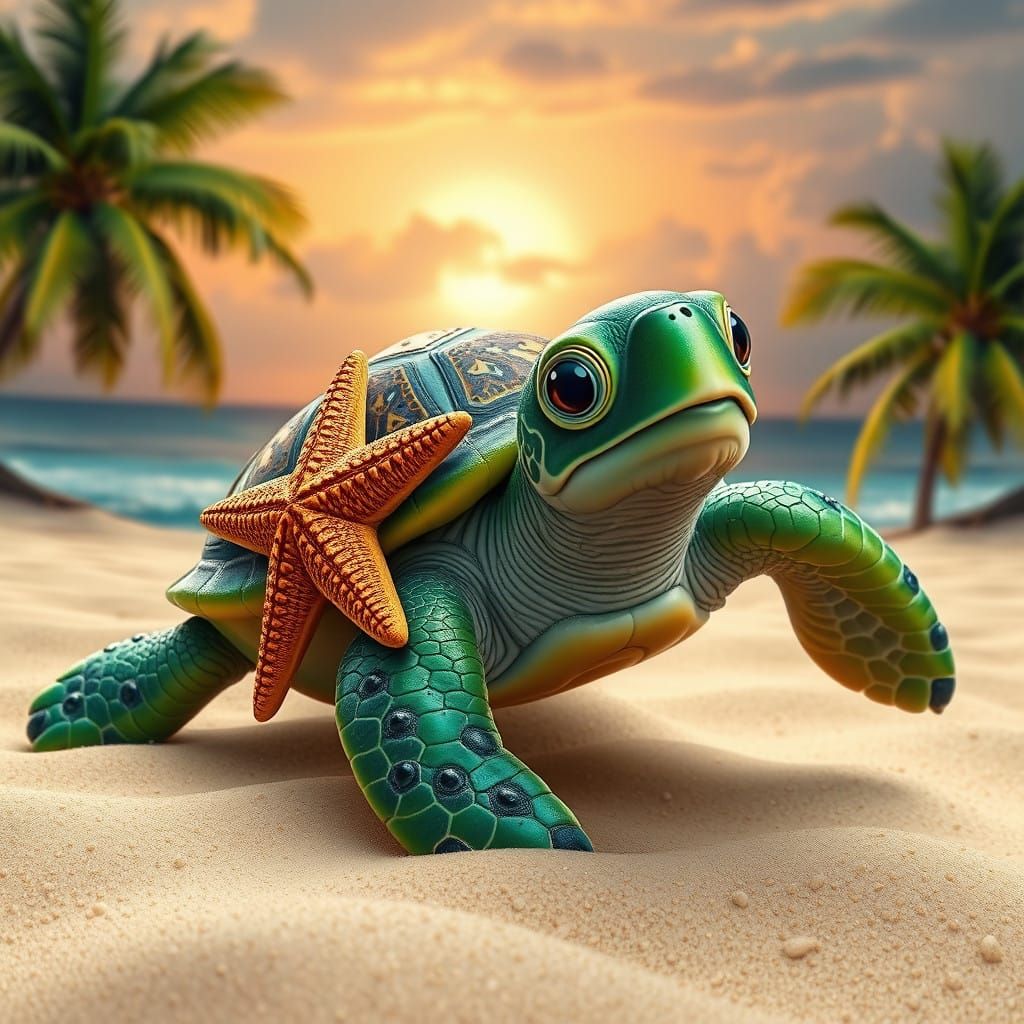 A Surreal Masterpiece of a Small Green Turtle Riding Darth V...