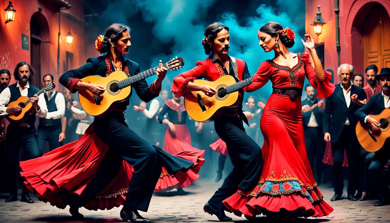 Flamenco Dance: Spanish Guitar and Fire Dress in Vivid Color
