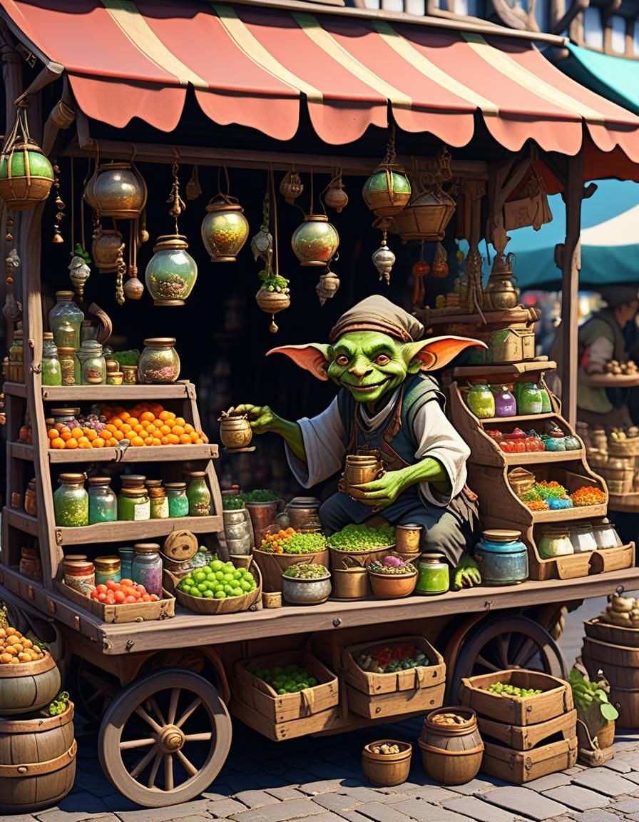 Happy Goblin Merchant in Bustling Fantasy Market