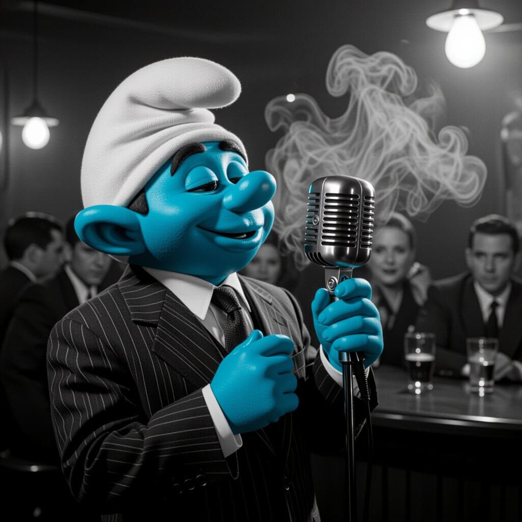 Anthropomorphic Smurf Crooning in Film Noir Style