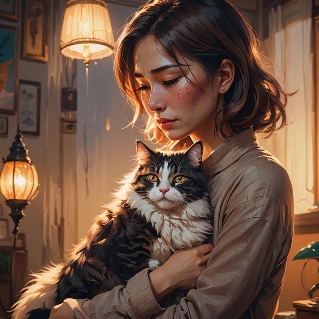 Touching Concept Art: Woman Crying, Comforted by Cats