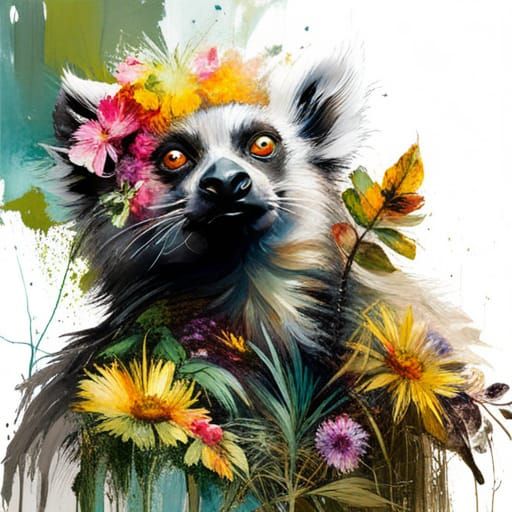 Lemur in Jungle with Flowers, Oil on Canvas