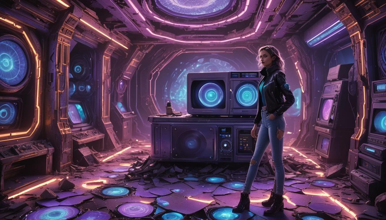 Fashion Girl with Futuristic Microwave in Retro Sci-Fi Scene