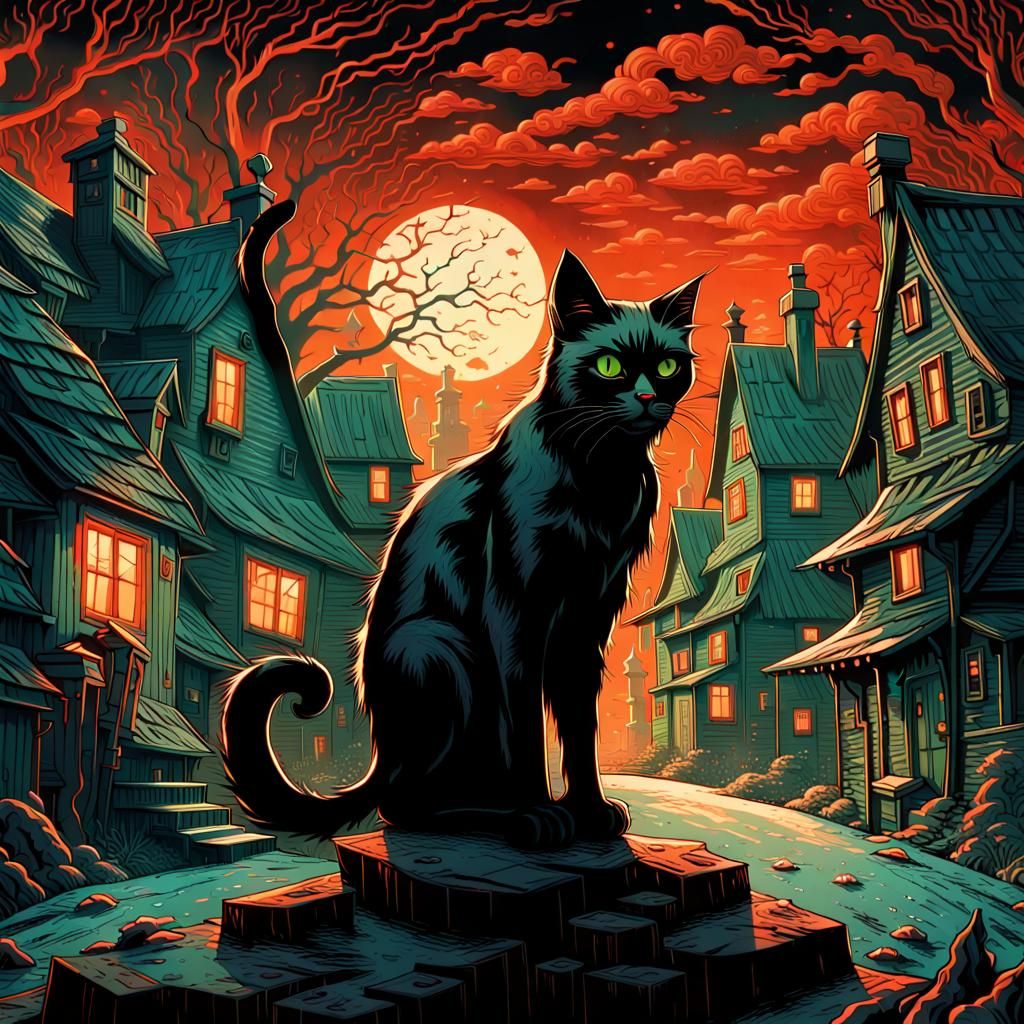 Black Cat in Spooky Village, Hyperrealistic Art