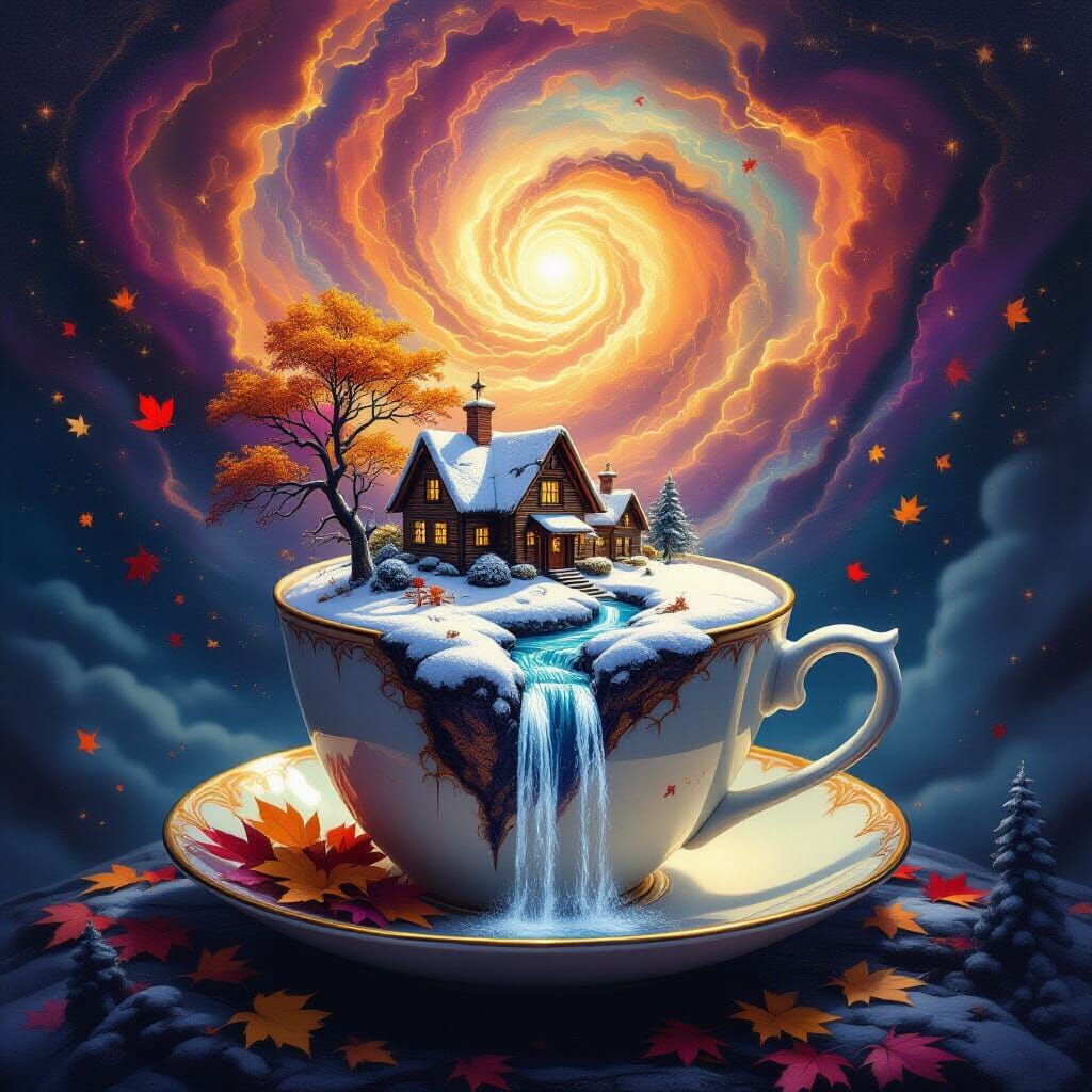Surreal Village in Cracked Teacup with Autumn Leaves