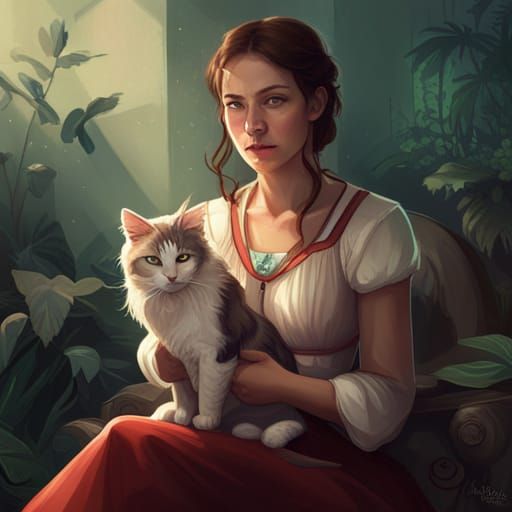 Cat Portrait with Girl, Hyperdetailed Artgerm Style