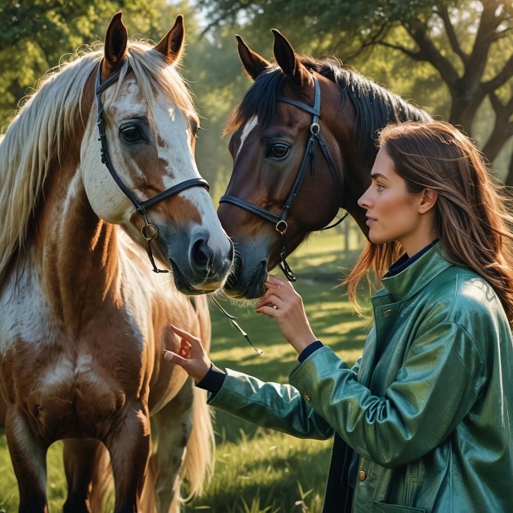 Girl and Arabian Horse in Sunlight: Oil Painting