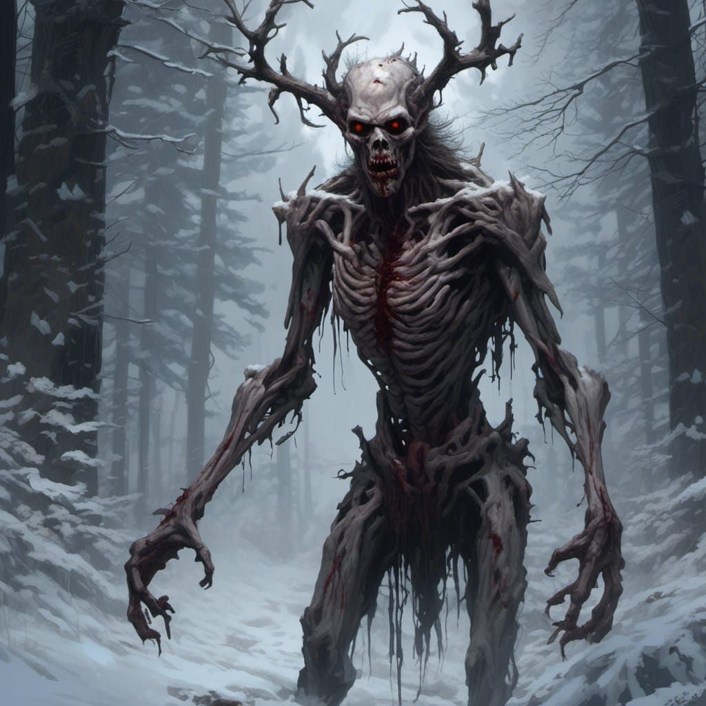 Horrific Wendigo in Snowy Forest: Detailed Portrait
