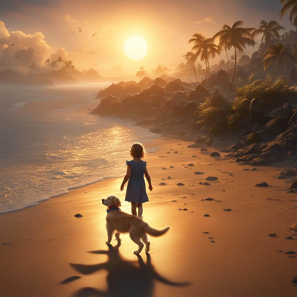 Sunrise Beach Scene with Girl and Puppy