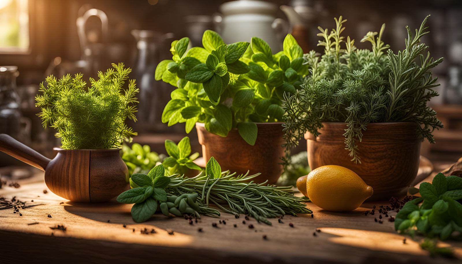 Fresh Herbs on Wooden Table at Golden Hour