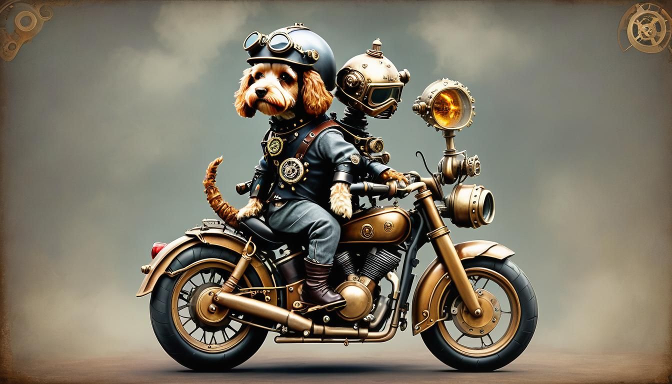 Cockapoo on Motorbike with Steampunk Engine