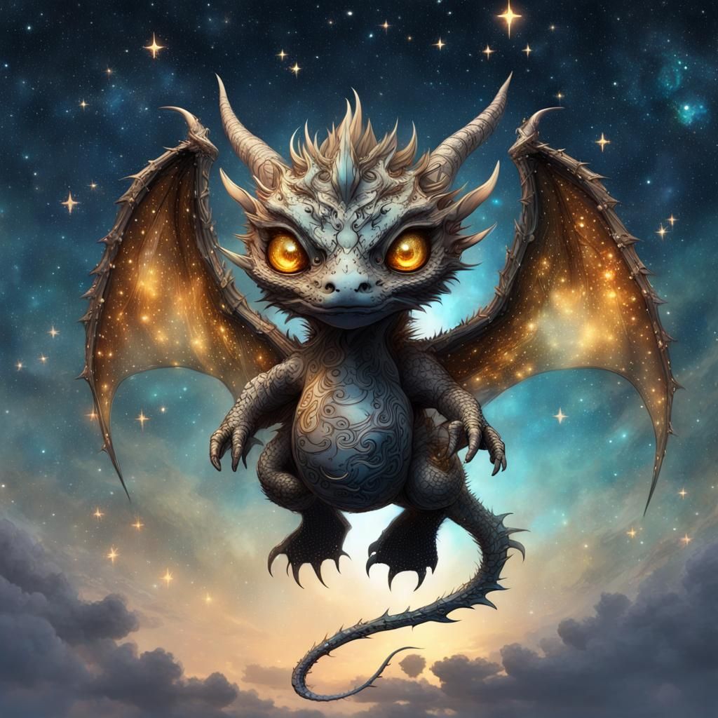 Cute Chibi Dragon in Cosmos Night Sky