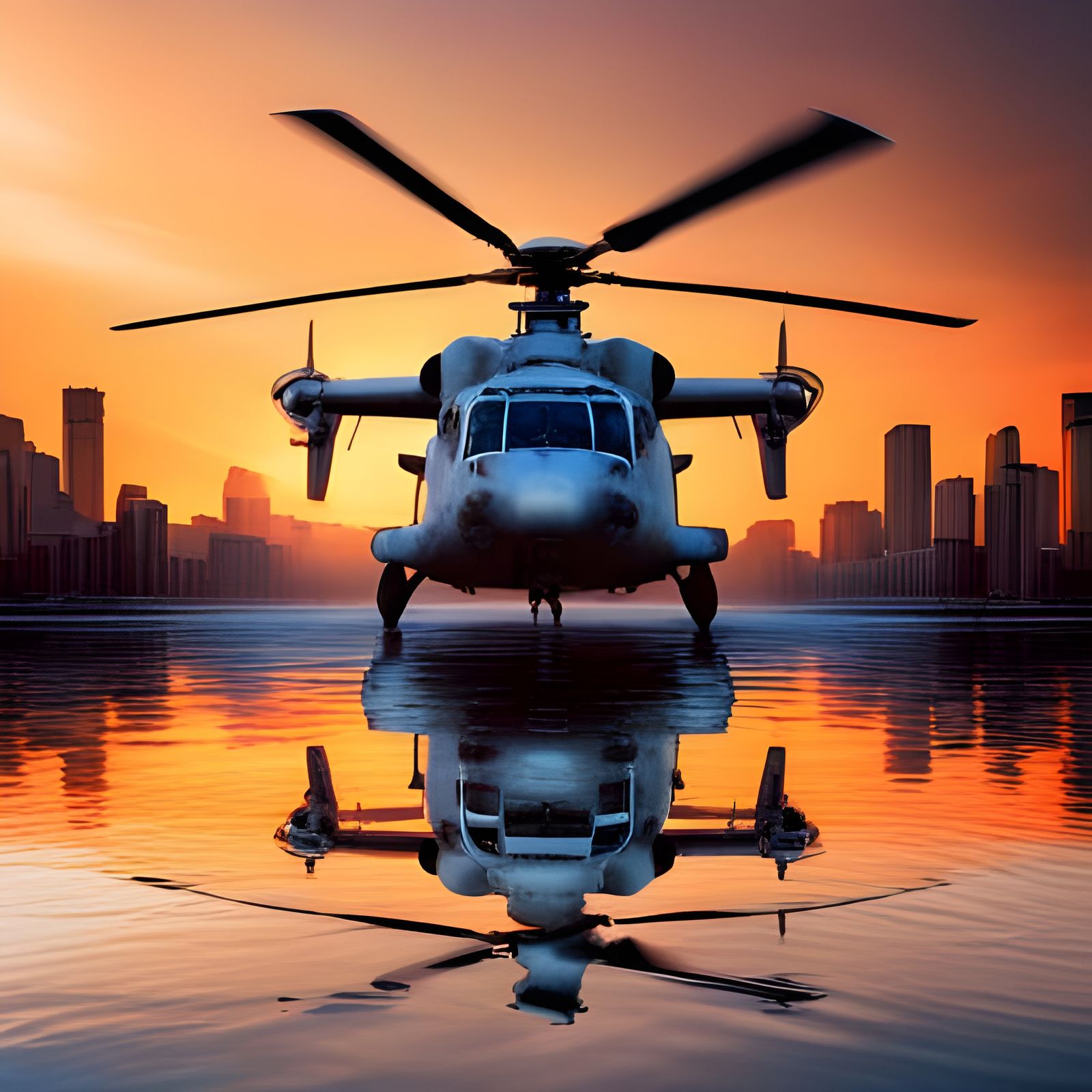 Helicopter over Post-Apocalyptic Sunset Landscape