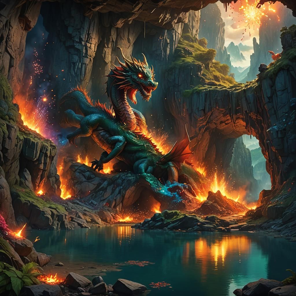 Dragon Cave with Firecracker Explosions: Fantasy Art