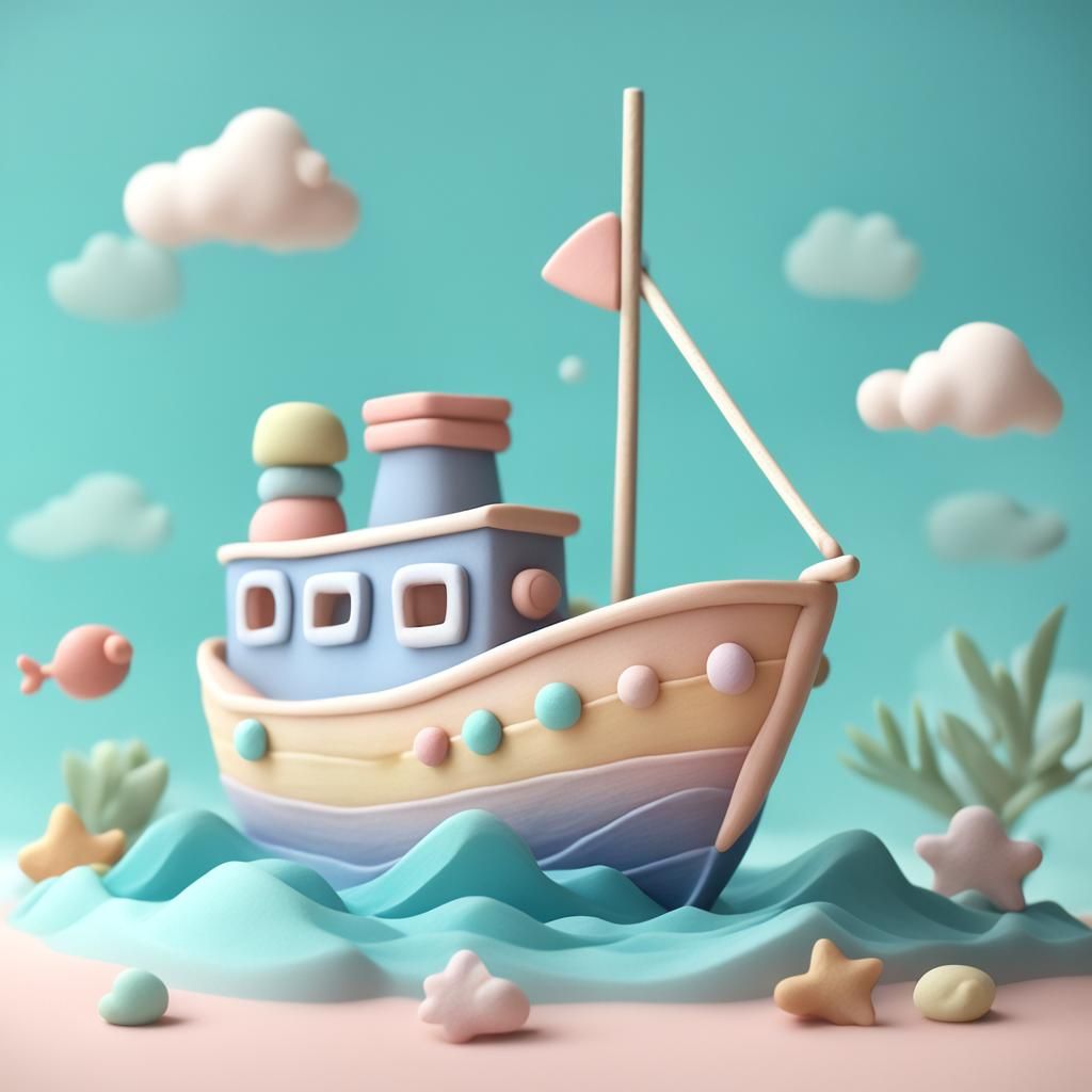 Adorable Clay Boat on the Sea in 3D