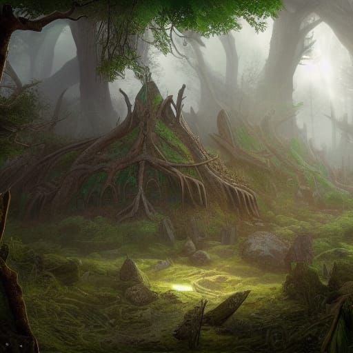 Ancient Elven Tomb in Forest: Detailed Matte Painting