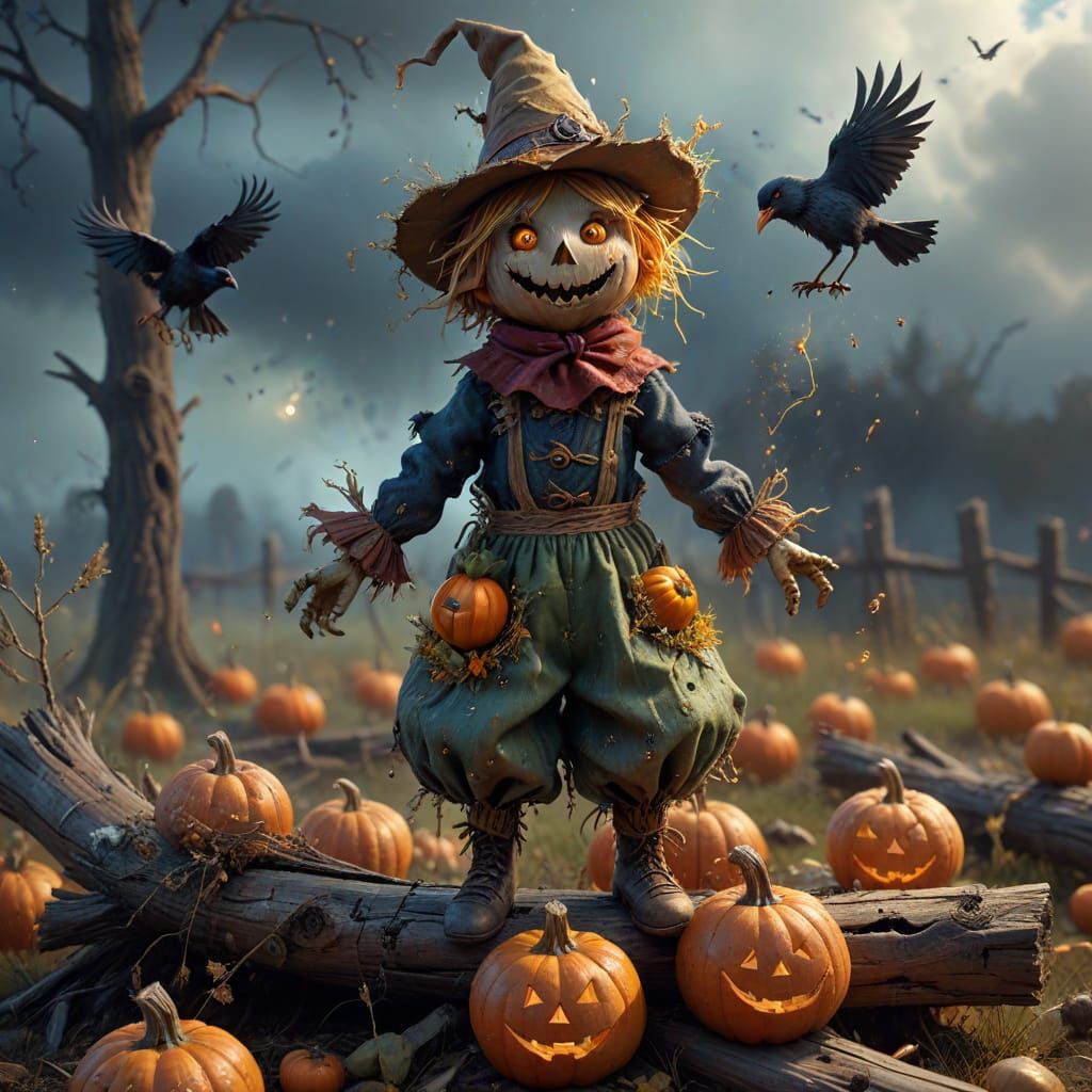 Whimsical Scarecrow Reaching for Smoke Crow in Magical Field