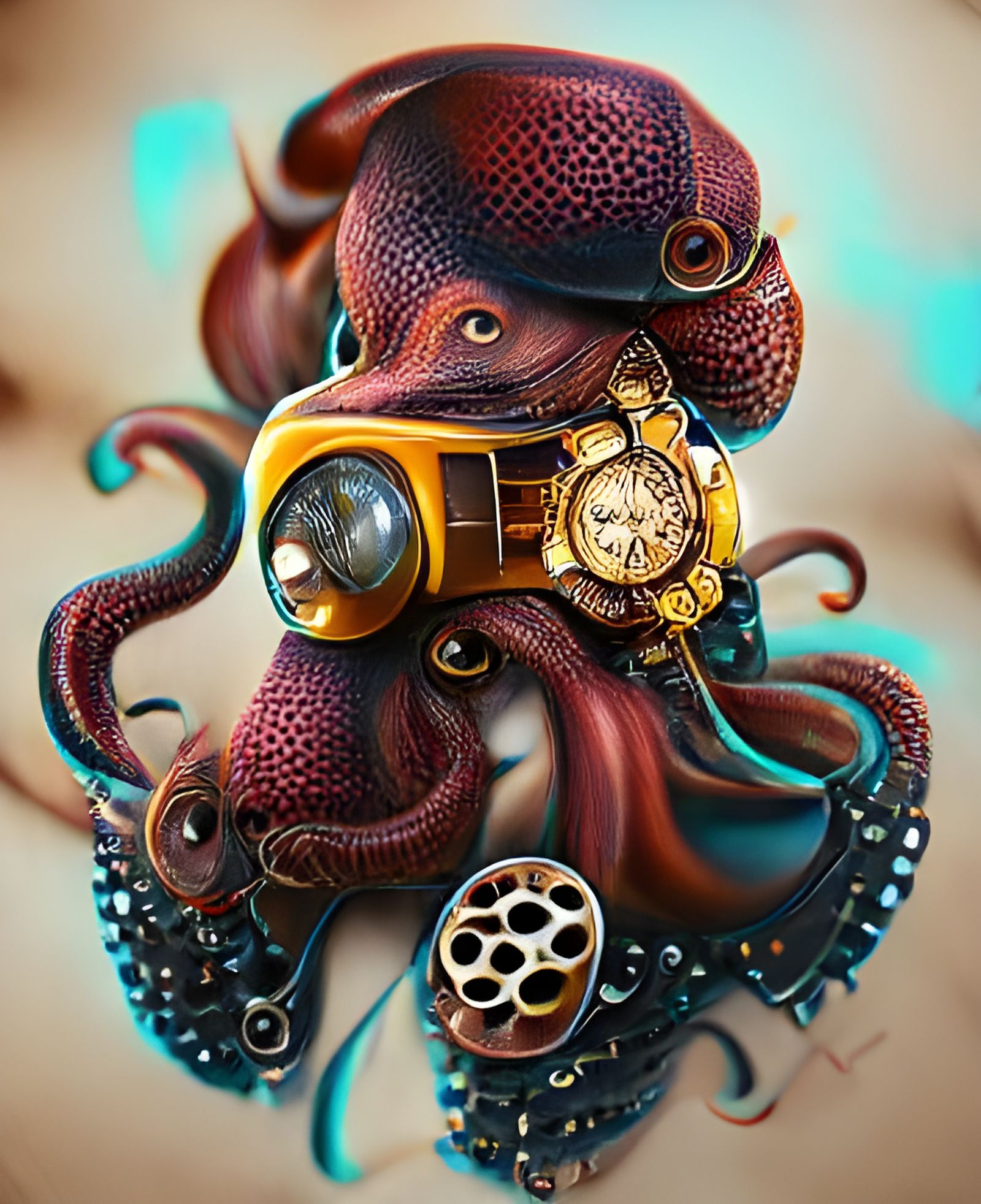 Steampunk Octopus in Retro Hyper Art Style