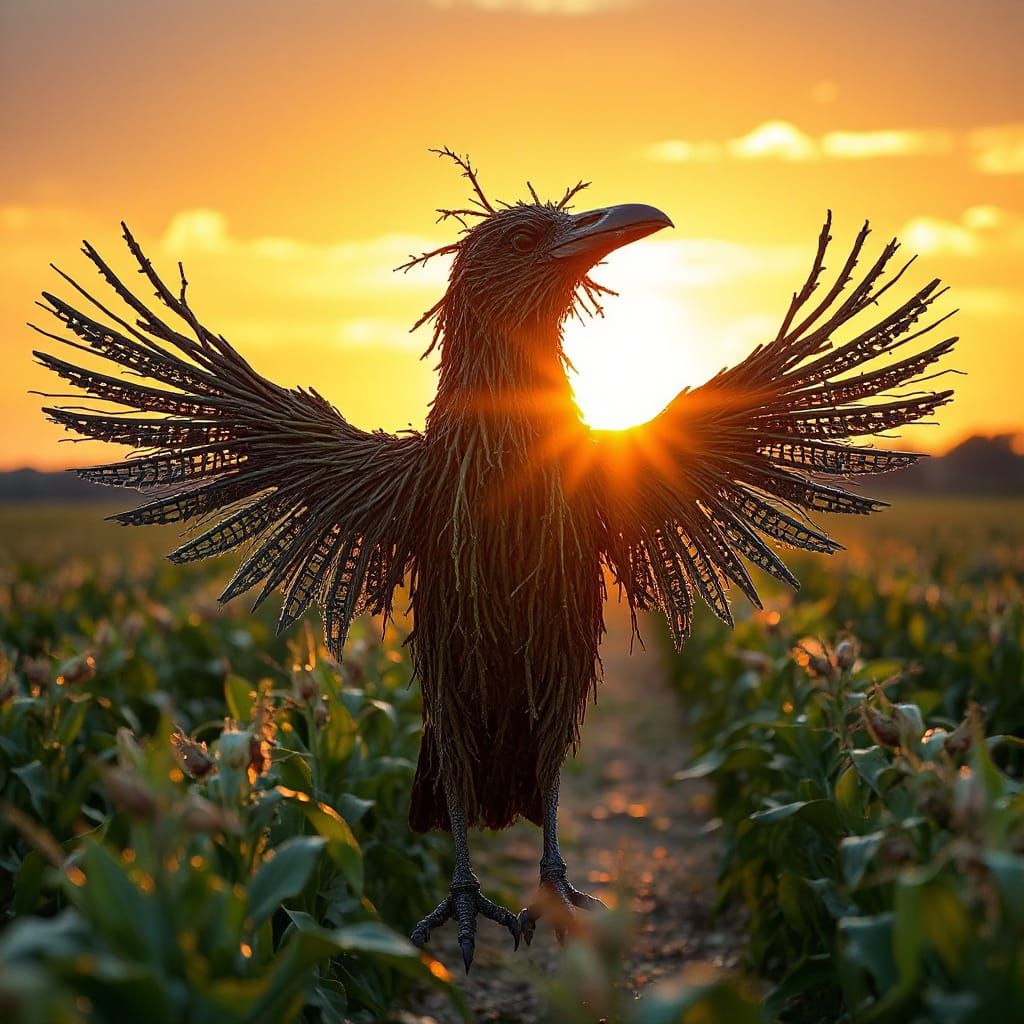 Majestic Crow Scarecrow in Golden Sunset Cornfield