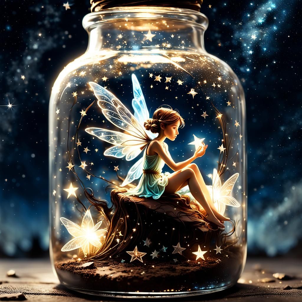 Magical Fairy in Bottle, Night Sky, Detailed Illustration
