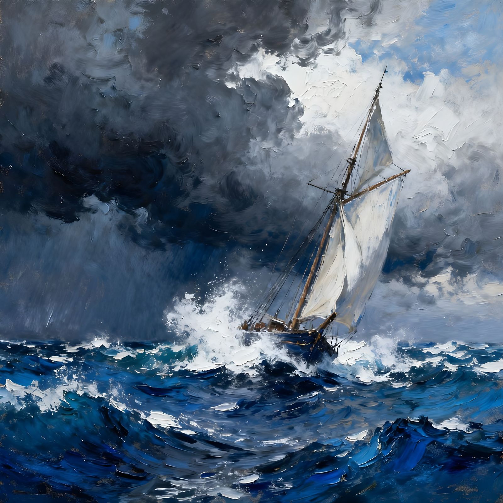 Dramatic Stormy Seas With Sailboat Oil Painting