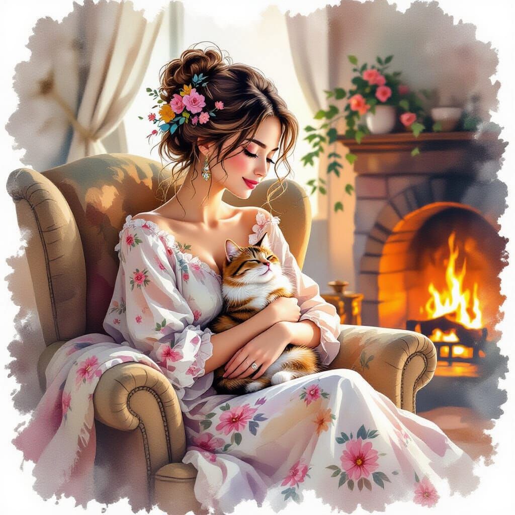 Woman and Flowers Double Exposure in Watercolor Style