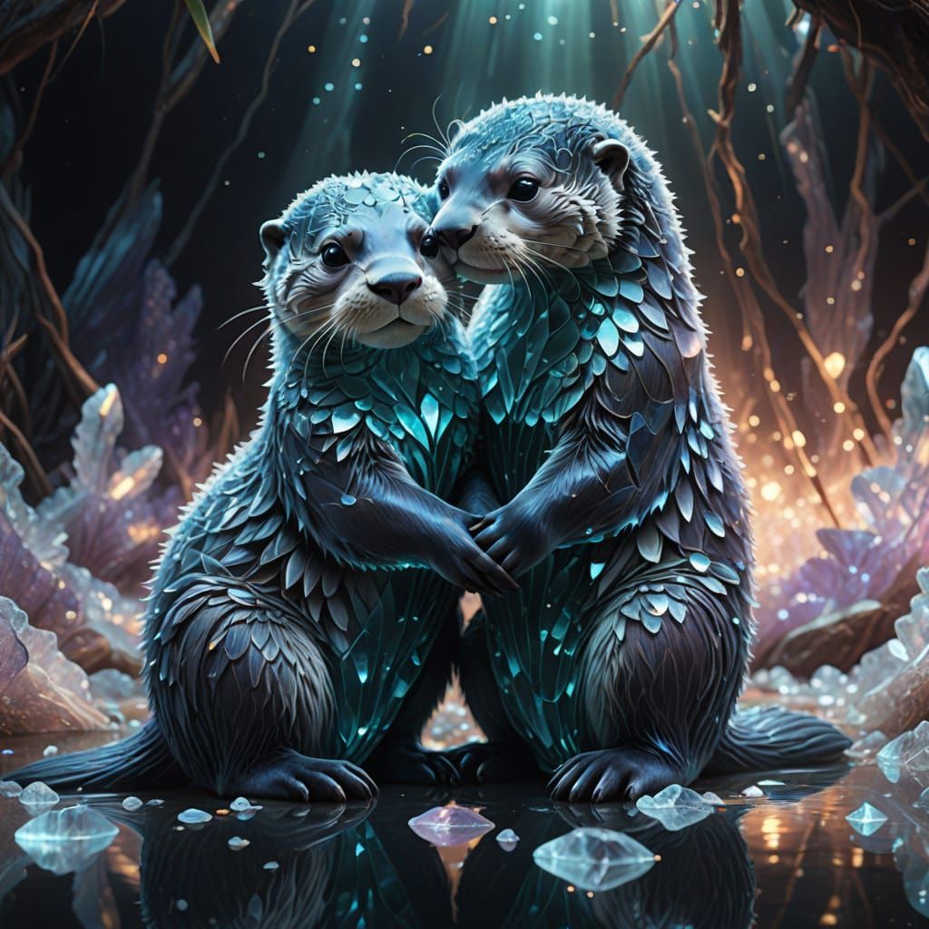 Two Crystal Otters Hugging in Ethereal Digital Art