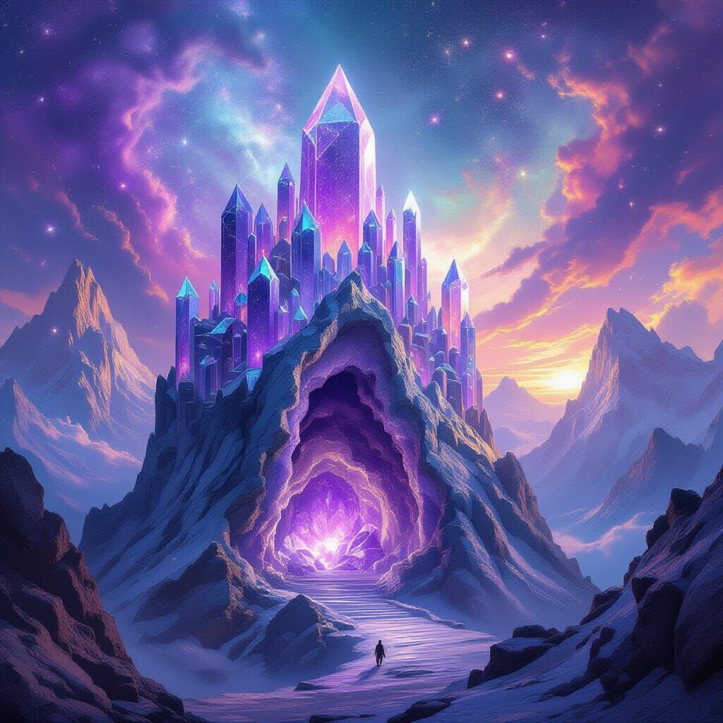 Geode Castle Amidst Crystal Mountains and Celestial Sky