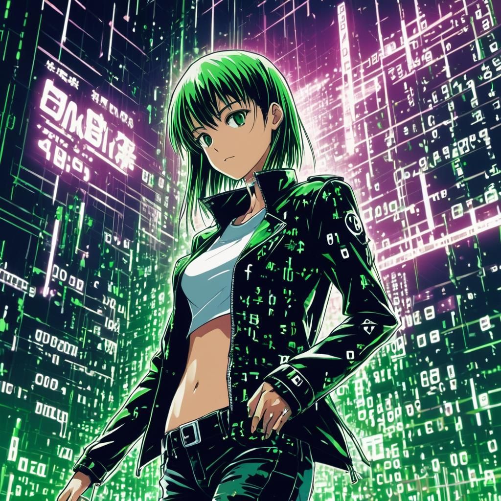 Green Matrix Code Dream in 90s Anime Style