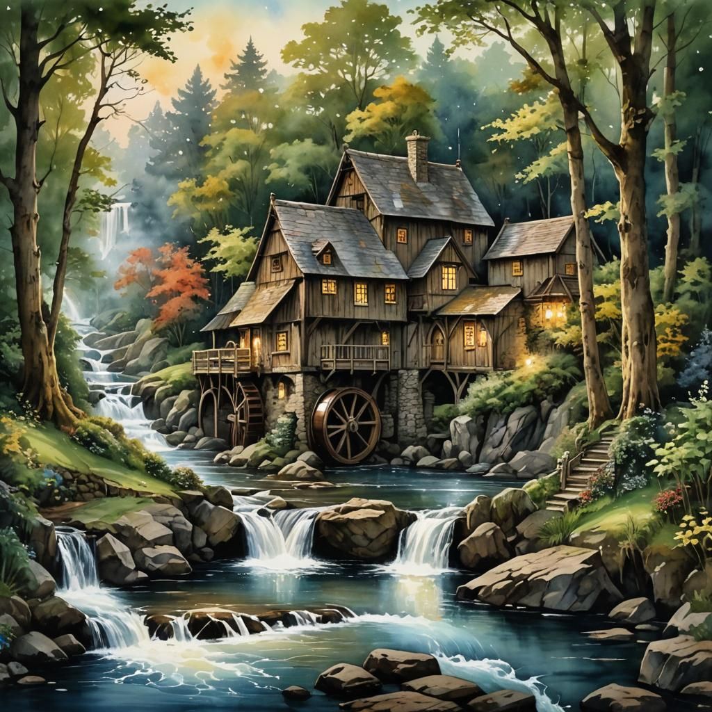 Fantasy Watermill Landscape in Watercolor and Ink
