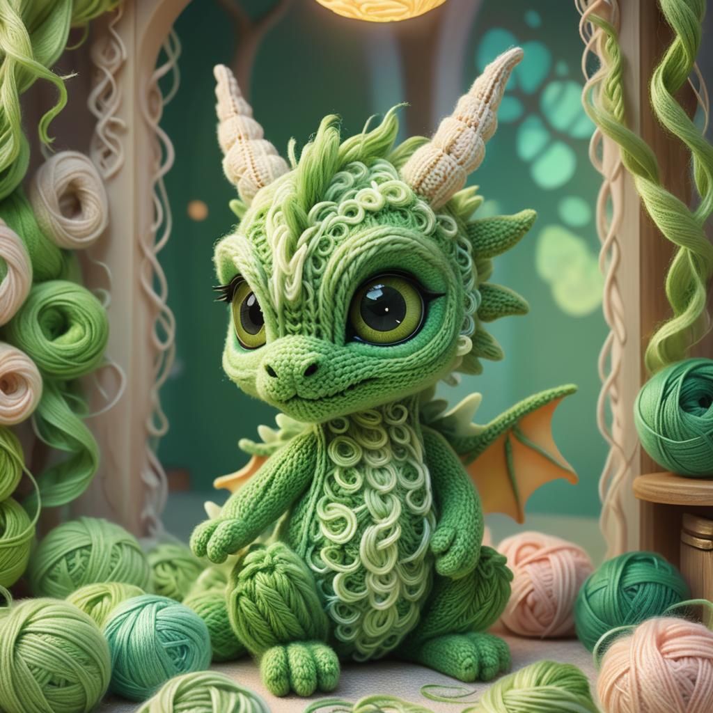 Chibi Yarn Dragon in Cozy Pastel Environment