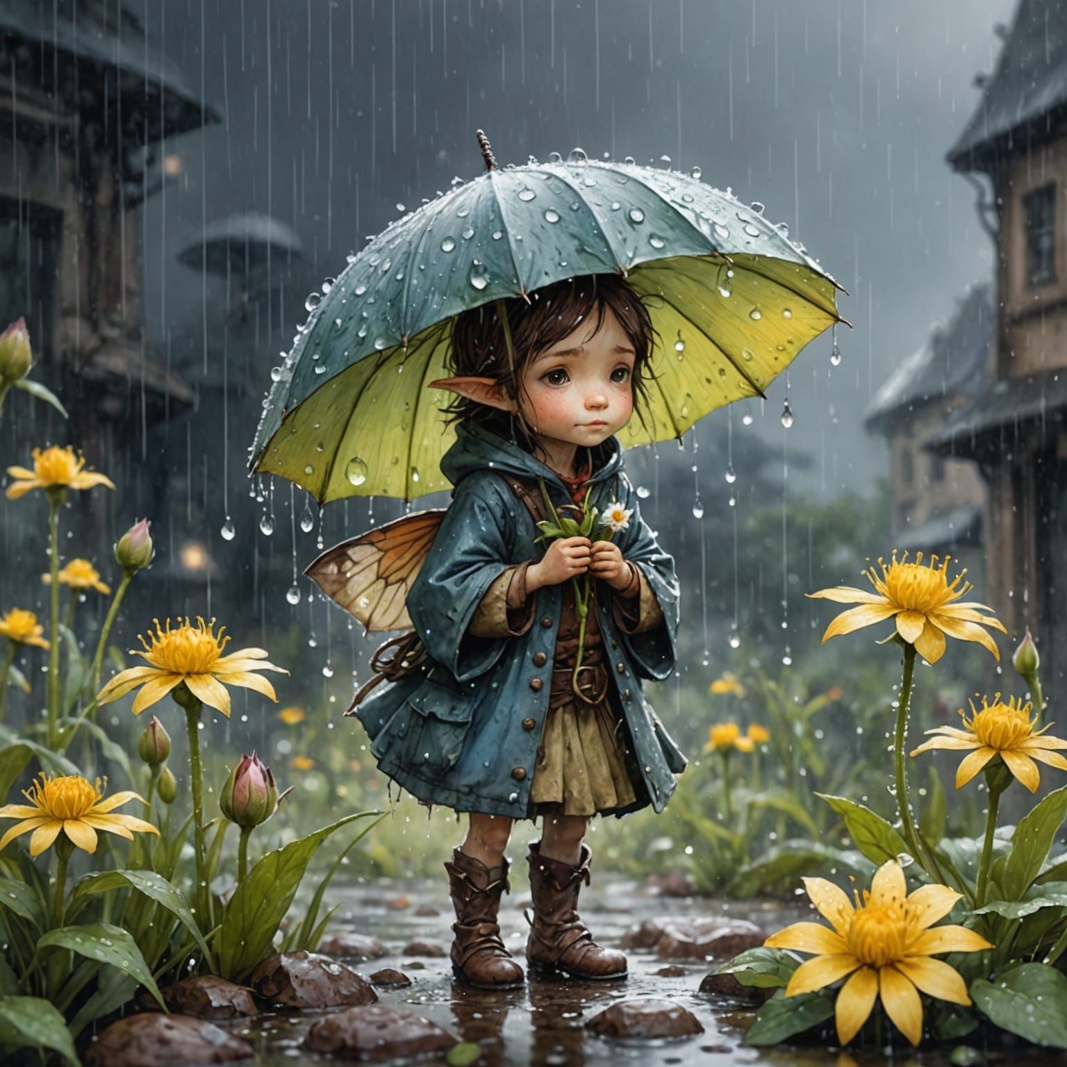 Fairy in Rainstorm: Detailed Watercolor Illustration