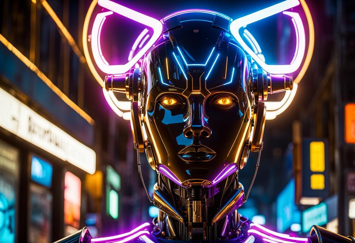 Cyberpunk Robot with Neon Afro, Digital Art