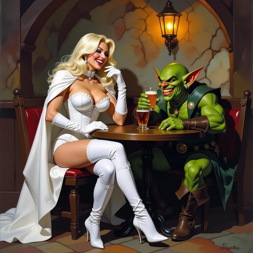 Emma Frost and Goblin Laughing in Tavern