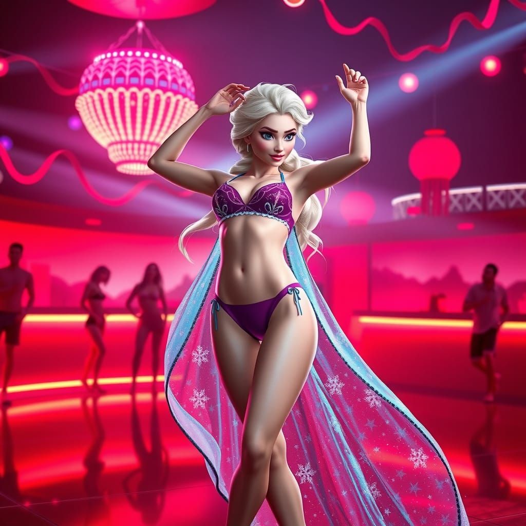 Elsa in Sultry Beachwear, Dancing Under Neon Lights